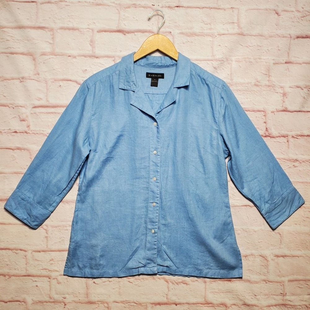 Harolds Shirt Womens 8 Blue 100% Linen Button‎ Front 3/4 Sleeve Collared Top
